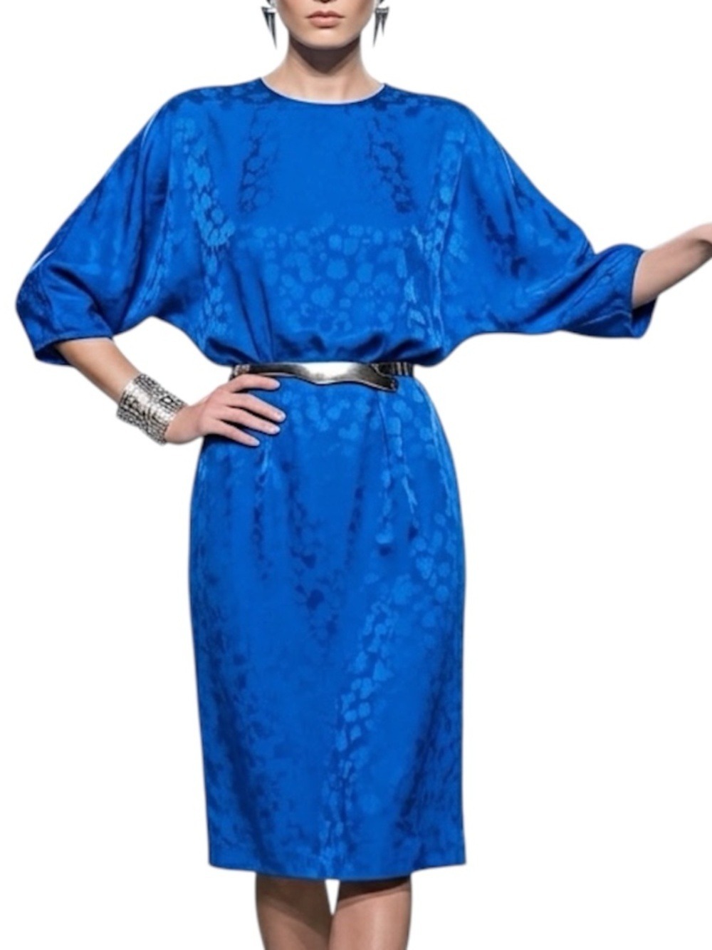 Vtg 80s 90s glam pure silk jacquard cobalt blue dolman sleeve midi dress 8